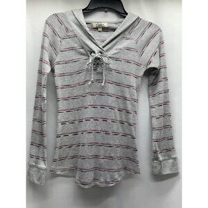 L.E.I. Women's Gray & Pink Striped Long Sleeve Hoodie With Lace-Up Front LG Y2K